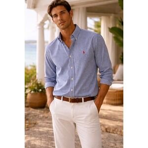 Ralph Lauren Mens XL Blue White Gingham Check Button Down Shirt Classic Fit